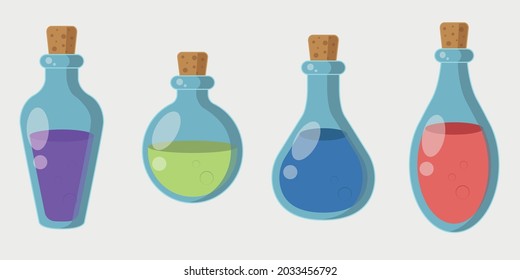 Set of bottles of potions. Liquid in glass jar in cartoon style. ​Flasks with red, blue, green and purple elixir. Vector illustration in flat style.