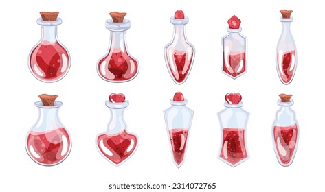 Conjunto de botellas con poción roja y tapón al estilo de las caricaturas. aislado. Ilustración de material vectorial. Elementos para juegos. Fondo blanco. Cuentos de hadas. Halloween y festividades. belleza y moda