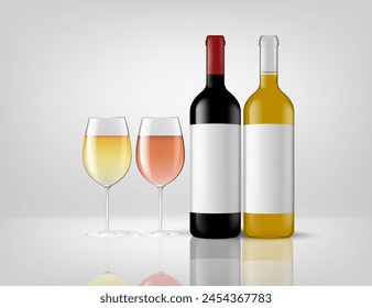 Juego de botellas de vino tinto y blanco y dos copas de vino.