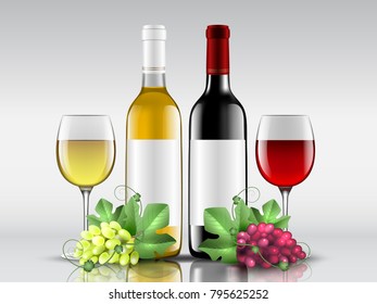 Set of bottles of red and white wine and two wine glasses. Vector illustration.