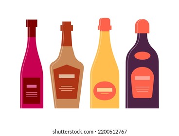 Set bottles of red wine, brandy, champagne, liquor. Icon bottle with cap and label. Great design for any purposes. Flat style. Color form. Party drink concept. Simple image shape. Vector.
