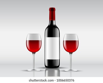 Set of bottles of red wine and a glass of wine. Vector illustration.