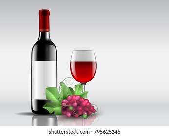 Set of bottles of red wine and a glass of wine. Vector illustration.