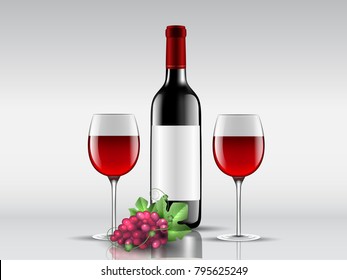Set of bottles of red wine and a glass of wine. Vector illustration.