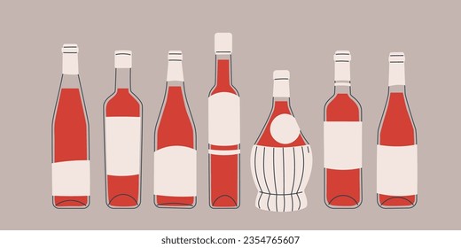 Set of bottles with red wine of various shapes and sizes. Classic shaped glass wine bottles. Isolated illustrations for wine design, menus, stickers, etc.