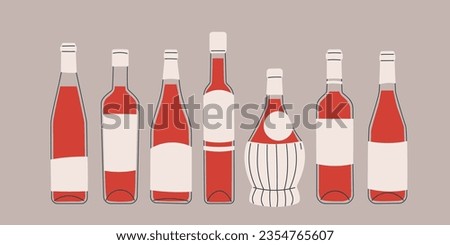 Set of bottles with red wine of various shapes and sizes. Classic shaped glass wine bottles. Isolated illustrations for wine design, menus, stickers, etc.