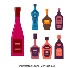 Ponga botellas de vino tinto vodka whiskey crema de licor ron tequila. Frasco de icono con tapa y etiqueta. Diseño gráfico para cualquier propósito. Estilo plano. Forma de color. El concepto de la bebida de fiesta. Forma de imagen simple. Vector