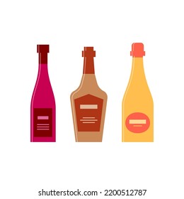 Set bottles of red wine whiskey champagne. Icon bottle with cap and label. Great design for any purposes. Flat style. Color form. Party drink concept. Simple image shape. Vector.
