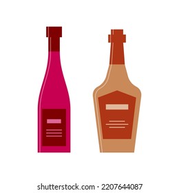 Set bottles of red wine and whiskey, great design for any purposes. Icon bottle with cap and label. Flat style. Color form. Party drink concept. Simple image shape. Vector.
