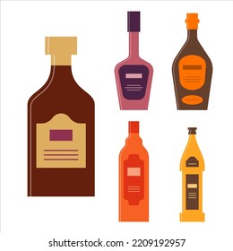 Set bottles of rum liquor balsam brandy beer. Icon bottle with cap and label. Graphic design for any purposes. Flat style. Color form. Party drink concept. Simple image shape. Vector.
