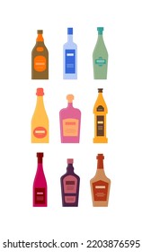 Set bottles of rum vodka vermouth champagne tequila beer wine liquor whiskey. Icon bottle with cap and label. Graphic design for any purposes. Flat style. Color form. Party drink concept. Simple image