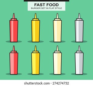 Set of bottles for sauces in flat style. Vector