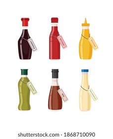 Set of bottles with sauces. Glass containers with ketchup and mustard, mayonnaise and chipotle, wasabi and bbq. Dressing for cooking food. Flat vector isolated illustrations.