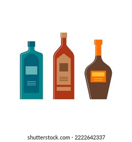 Set bottles of shnapps balsam brandy. Icon bottle with cap and label. Great design for any purposes. Flat style. Color form. Party drink concept. Simple image shape. Vector.
