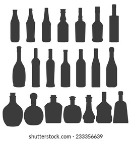 Set of Bottles silhouettes of various alcoholic drinks: wine, vodka, beer, whiskey, brandy, cognac, ale, rum, port wine, champagne. Black silhouette isolated on white background. Vector illustration.