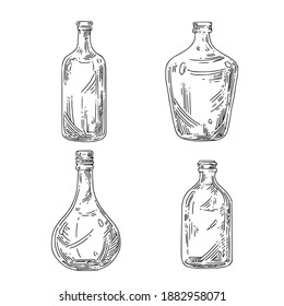 Conjunto de botellas. Esbozo. Estilo de grabado. Ilustración vectorial.