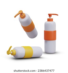Set of bottles for soap, cream, gel with dispenser. Packaging of different colors, objects in different positions. Containers for liquid detergents and cosmetics. Disinfectors, sanitizers