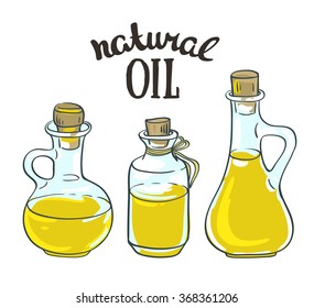 Set of bottles with sunflower, linseed and olive oil. Vector isolated objects.