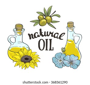 Set of bottles with sunflower, linseed and olive oil. Vector isolated objects.