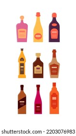 Set bottles of tequila champagne liquor beer rum whiskey brandy wine balsam. Icon bottle with cap and label. Graphic design for any purposes. Flat style. Color form. Party drink concept. Vector.