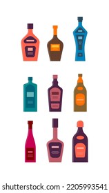 Flaschen Tequila Rum Gin Schnaps Whiskey Wein Rum. Die Flasche ist mit Verschlusskappe und Etikett beschriftet. Grafikdesign für jeden Zweck. Flacher Stil. Farbformular. Party-Drink-Konzept. Einfache Bildform.