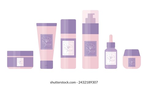 Set of bottles and tubes for beauty and skin care decorated with flower outline logo. Cosmetic products package design. Vector illustration