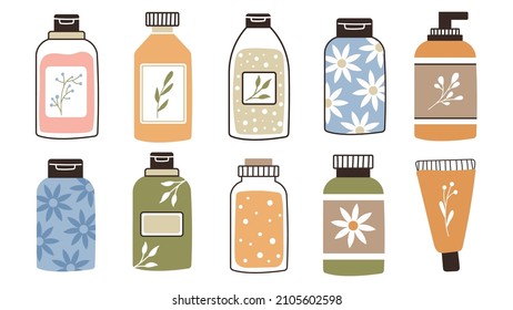 A set of bottles and tubes of cosmetics, jars for skin care with face, hair and body cream. Trendy style for postcard, banner, wrapping paper template. Vector illustration