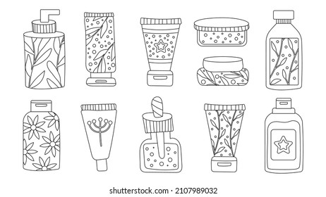  A set of bottles and tubes of cosmetics, jars for skin care with face, hair and body cream. Trendy style for postcard, banner, wrapping paper template. Vector illustration editable stroke