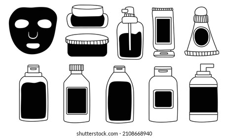 A set of bottles and tubes of cosmetics, jars for skin care with face, hair and body cream. Trendy style for postcard, banner, wrapping paper template. Vector illustration editable stroke