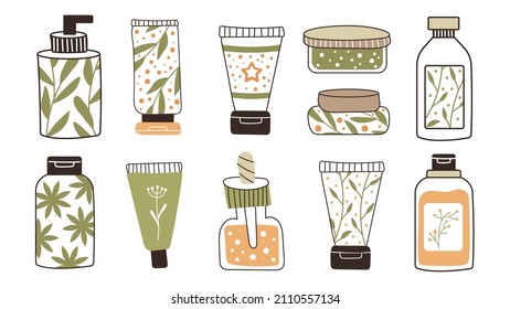 A set of bottles and tubes of cosmetics, jars for skin care with face, hair and body cream. Trendy style for postcard, banner, wrapping paper template. Vector illustration