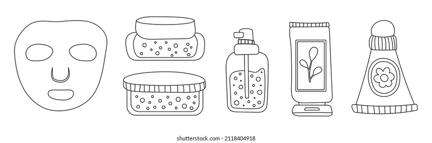  A set of bottles and tubes of cosmetics, jars for skin care with face, hair and body cream. Trendy style for postcard, banner, wrapping paper template. Vector illustration editable stroke