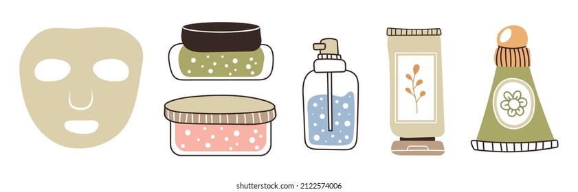 A set of bottles and tubes of cosmetics, jars for skin care with face, hair and body cream. Trendy style for postcard, banner, wrapping paper template. Vector illustration