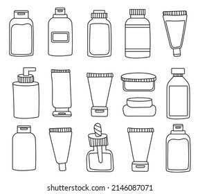  Un conjunto de botellas y tubos de cosméticos, tarros para el cuidado de la piel con cara, pelo y crema corporal. Estilo de moda para postales, banner, plantilla de papel envolvente. Icono de ilustración modificable