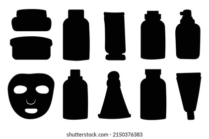  A set of bottles and tubes of cosmetics, jars for skin care with face, hair and body cream. Trendy style for postcard, banner, wrapping paper template. Vector illustration