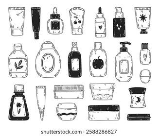 Set of bottles and tubes of cosmetics, jars for skin care. Face, hair and body cream doodles. Vector hand-drawn line illustrations on white background