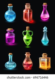 Set of bottles of various shape and color with potion on black background isolated vector illustration