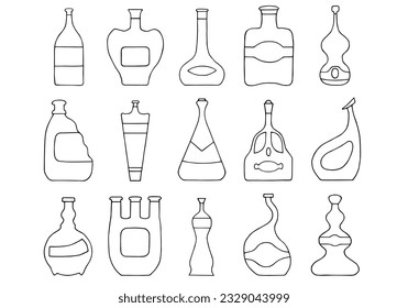 Un conjunto de botellas de diferentes formas y colores. Mano Cortada. Dibujo a mano libre. Doodle. Esbozo. Esquema. Libro de colorear.