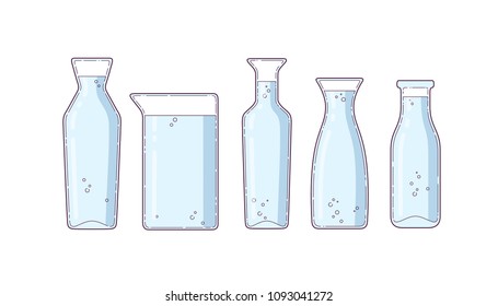 Set of bottles of various shapes filled with water. Vector illustration.