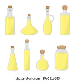 Set of bottles with vegetable vitamin oils for cooking. Isolated vector illustration on white background. Olive oil, sunflower oil, corn oil, soybean oil vector illustration. 