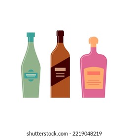 Set bottles of vermouth brandy liquor. Icon bottle with cap and label. Great design for any purposes. Flat style. Color form. Party drink concept. Simple image shape. Vector.
