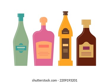 Set bottles of vermouth, liquor, beer, rum. Icon bottle with cap and label. Great design for any purposes. Flat style. Color form. Party drink concept. Simple image shape. Vector.
