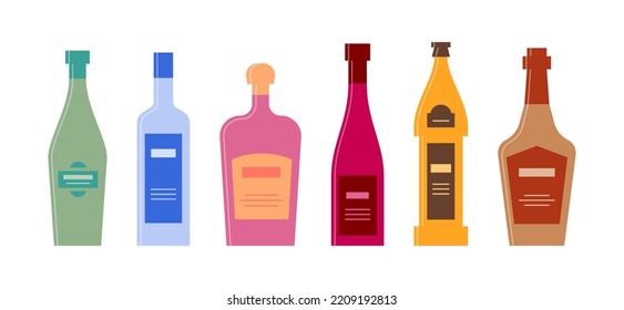 Set bottles of vermouth vodka liquor wine beer whiskey. Icon bottle with cap and label. Graphic design for any purposes. Flat style. Color form. Party drink concept. Simple image shape. Vector.
