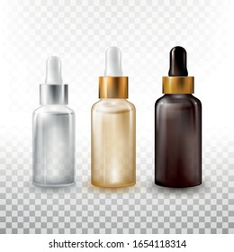 Flaschenset, Fläschchenbehälter für Kosmetika. Premium.Kosmetisches Mittel. Glasflasche für Tropfen, Flüssigkeit und Öle. Schöne Verpackung und Werbung für ein Kosmetologieprodukt. Gesicht und Körper