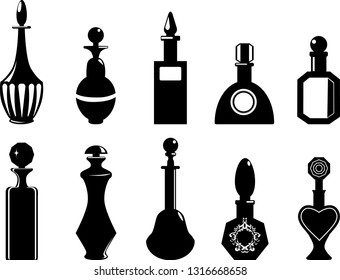 Set of bottles or vials, EPS 8 vector black silhouette illustration, no white objects