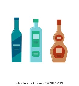Set bottles of vodka gin balsam. Icon bottle with cap and label. Great design for any purposes. Flat style. Color form. Party drink concept. Simple image shape. Vector.
