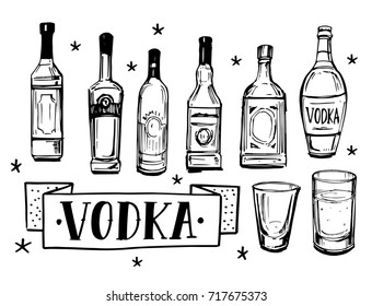 A set of bottles of vodka. Hand drawn illustration converted to vector