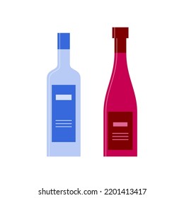 Set bottles of vodka and red wine, great design for any purposes. Icon bottle with cap and label. Flat style. Color form. Party drink concept. Simple image shape. Vector.
