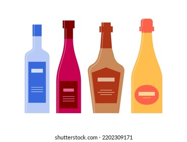Set bottles of vodka, red wine, brandy, champagne. Icon bottle with cap and label. Great design for any purposes. Flat style. Color form. Party drink concept. Simple image shape. Vector.
