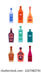 Se ponen botellas de vodka rum champagne vodka gin whiskey licor vino tinto. Frasco de icono con tapa y etiqueta. Diseño gráfico para cualquier propósito. Estilo plano. Forma de color. El concepto de la bebida de fiesta. Imagen simple
