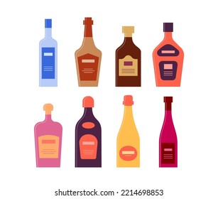 Set bottles of vodka whiskey rum cream liquor balsam champagne wine. Icon bottle with cap and label. Graphic design for any purposes. Flat style. Color form. Party drink concept. Simple image shape.